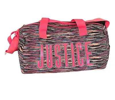 JUSTICE Girl Duffle Bag Multi Color Stripes Hot Pink Straps Dance Cheer Gym • $22.99