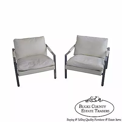 Milo Baughman Pair Of Chrome Flat Bar Lounge Chairs • $3795