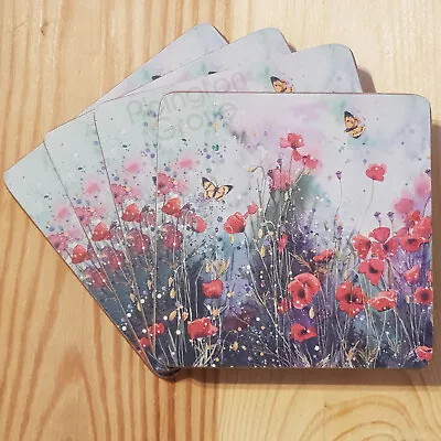 £7.49 • Buy Set Of 4 Poppy Cork Coasters New Floral Butterfly Coffee Hot Drinks Table Mats
