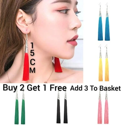 £3.29 • Buy Very Long Boho Tassel Earrings Silver Big 15cm Dangle Drop Tassle Fashion *UK*