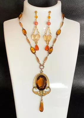 Antique Victorian Lavaliere Necklace Citrine Glass Gold Filled +NEWEarrings 5033 • $48