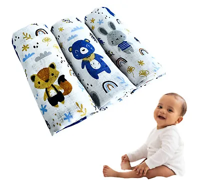 ✅ 3Pack Large Printed Muslin Squares Baby Cloth Reusable Nappy Bibs Wipes Gift • £8.48