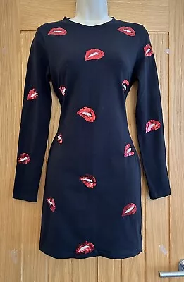 Illustrated People Jersey Sequinned Lips Black T-Shirt Dress M 10 38in Chest • £4.65