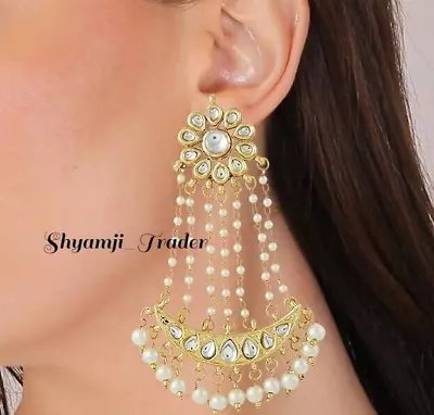 Indian Gold Plated Bollywood Pearl Kundan Chandbali Earrings Jewelry For Woman • $29.74