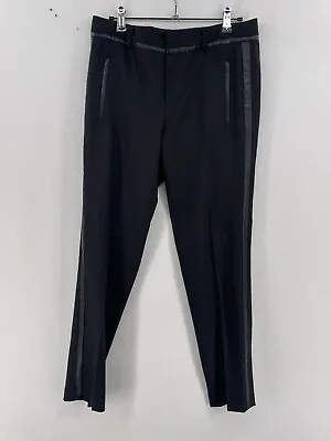 Vince Black Wool Trousers With Leather Tuxedo Stripe Tapered Leg Size 6 • $49.99