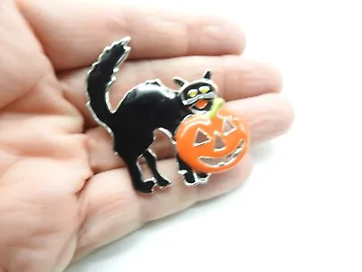 Black Orange Enamel Silver Tone Halloween Cat Jack O Lantern Brooch Vintage • $6.37