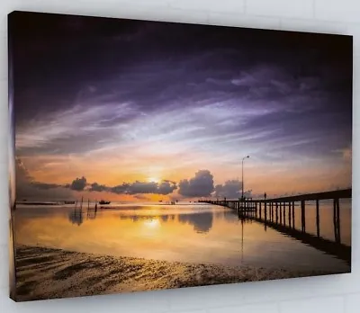 £35.82 • Buy Sunset Sea Beach Pier Canvas Picture Print Wall Art Chunky Frame Large 