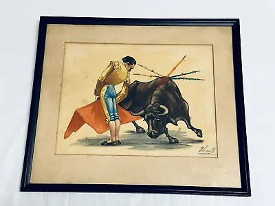 Matador Bull Fight Watercolor Paint By Eduardo Vicente SIGNED Dated Vtg. READ • $119.20