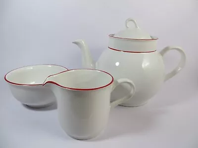 Carlton Ware England Tea Pot Sugar Bowl And Jug White With Red Trim 1969-1989 • $55