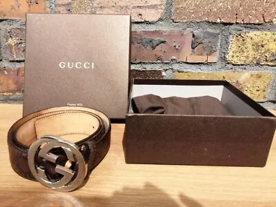 GUCCI Belt Leather Brown GG Logo Buckle Gold Metal Fittings Men's • $264.65