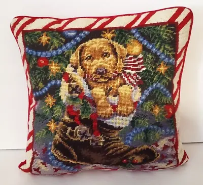 Vintage Needlepoint Christmas Pillow Golden Puppy In Stocking  14  X 14  • $11.55