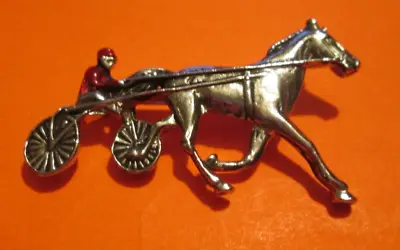 Vintage 1970 Harness Horse Racing Sulky Jockey Pin Back Brooch Plated REAL NICE • $40