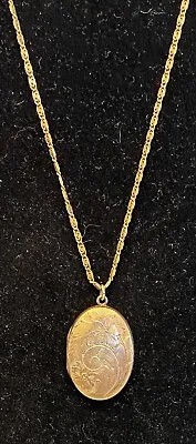 Vintage Theda Vermeil Etched Oval Locket Pendant GF 18  Byzantine Chain Necklace • $49.95