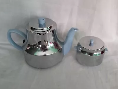 Vintage 1950s Heatmaster Blue Ceramic Chrome Covered Large Teapot & Sugar Bowl • £29.99