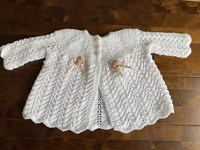 Hand Knitted White Baby Matinee Coat Jacket Cardigan 0-3 Months • £1.99