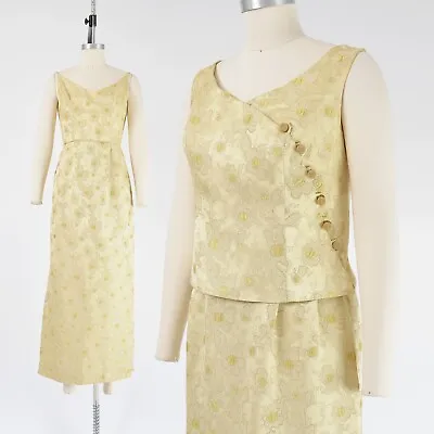 Vintage 60s Gold Floral Brocade Formal Evening Maxi Dress With Sleeveless Top XS • $88