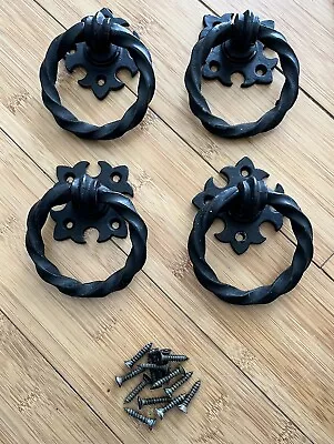 4 Vintage Black Cast Iron Twisted Ring Furniture Hardware Handles Pulls Knockers • $39.99