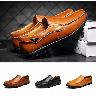 Mens Leather Slip On Walking Boat Deck Casual Driving Moccasin Loafer Shoes Size • £22.79