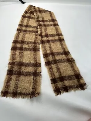 Vintage Donegal Designs Brown Tan  Plaid Mohair Wool Plaid Scarf 8.5” X 70” EUC • $15.40