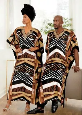 Ashro Black Brown Gold Mali Long Ethnic African American Pride Caftan Dress • $19.99