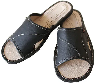 Men's Slippers Hand Made Leather Slip On Shoe Mules Black Open Toe Size 6 - 11 • £12.79