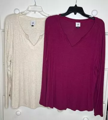 Lot Of 2 CABI Simple Tee Ribbed Long Sleeve Split Neck #4003 - EXTRA LARGE XL • $29.95