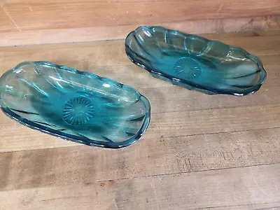 Vintage Anchor Hocking Blue Banana Split Glasses Dishes Set 2 - EUC • $12