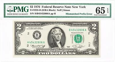 1976 Series $2 Federal Reserve Note Mismatched Prefix Error PMG GEM-65 EPQ • $566.10