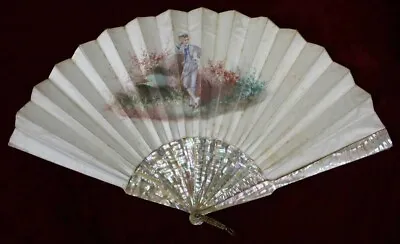 Lady's Fan. Mother-of-pearl Sticks. Hand Painted Silk Country. Xix Century • $500