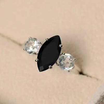 2.30 Ct Marquise Lab-Created 14k White Gold Plated Black Diamond Engagement Ring • $54.99