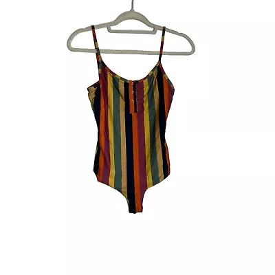 Madewell X Tavik+ Womens One Piece Swimsuit Striped Colorful Snaps Medium Beach • $24.88