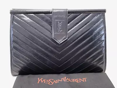 Yves Saint Laurent Clutch Second Bag V-stitch Leather Black Purse Vintage YSL • $299.99