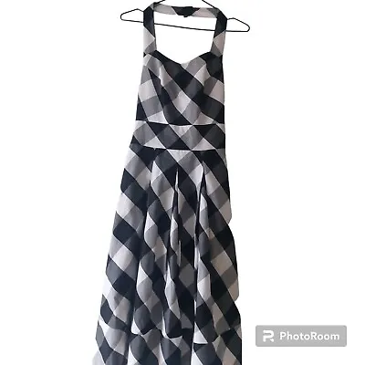 KAREN MILLEN Halterneck Dress 8 UK Black White Check Cotton Lined Midi  • £35