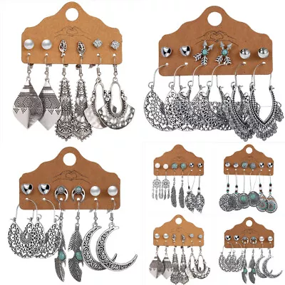 £4.79 • Buy 6Pairs Dangle Wicca Pagan Boho Vintage Hippie Gypsy Tibetan Silver Hoop Earrings