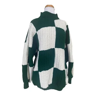 Vtg Hand Knit Mens Green Check Mock Neck Pullover Sweater 2X Ugly Xmas Boho 90s • $17.64