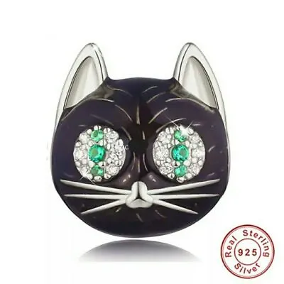💖 Black Cat Charm Lucky Green Eyes Genuine 925 Sterling Silver • £16.95