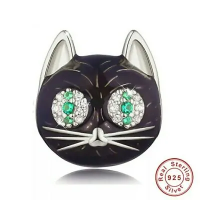 Black Cat Charm Lucky Green Eyes Genuine 925 Sterling Silver  💖 • £16.95