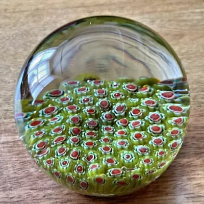 Vintage Millefiori “Murano” Art Glass Green Red Floral Paperweight 3.5” Diam • £9.99
