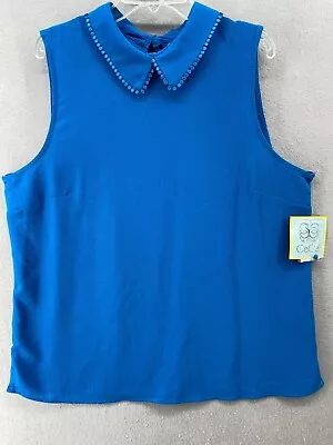 $18 • Buy NWT CeCe Shirt Women's Large Blue Polka Dot Trim Peter Pan Collar Sleeveless