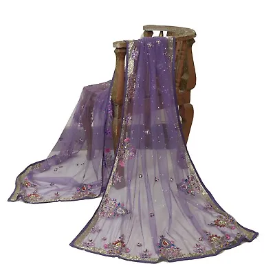 Sanskriti Vintage Dupatta Long Stole Net Mesh Lavender Hand Beaded Wrap Scarves • $95