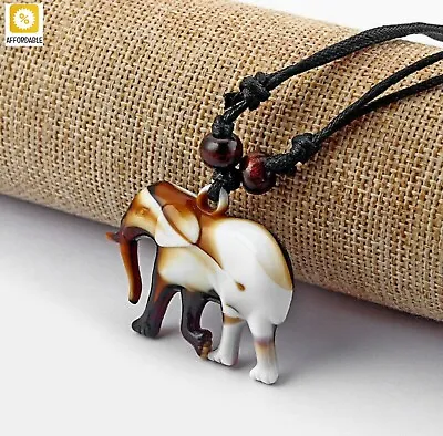 Elephant Pendant Necklace Women Men Faux Yak Bone Resin Carved Cord Tribal  • $10.89