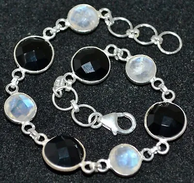 Black Onyx And Moonstone Facet Cut Multi Gems Set 925 Sterling Silver Bracelet • $50.52