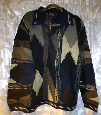 Vintage COOGI Wool Brown Blue Australia Sweater 3D Knit L Textured 3 Buttons 90s • $199.95