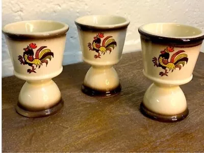 Vintage 1950’s Red Rooster Poppy Trail Double Egg Cup Set Of 3 • $55