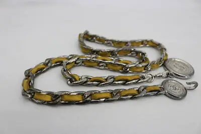 CHANEL Chain Belt Yellow Leather Silver Metal Round CC Logo Pendant 97P Vintage • $599.16