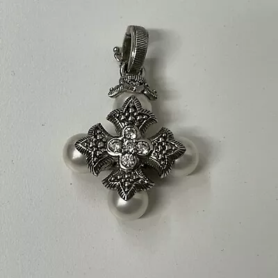 Judith Ripka Sterling CZ Pearl Maltese Cross Pendant • $122.56