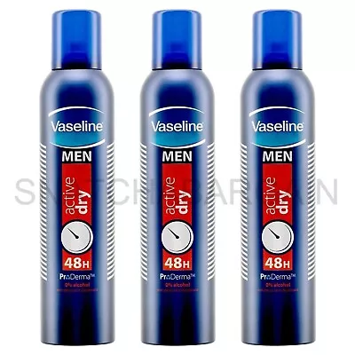 3 X VASELINE MEN ACTIVE DRY 48hr PROTECTION ANTI-PERSPIRANT DEODORANT 250ml • £12.99