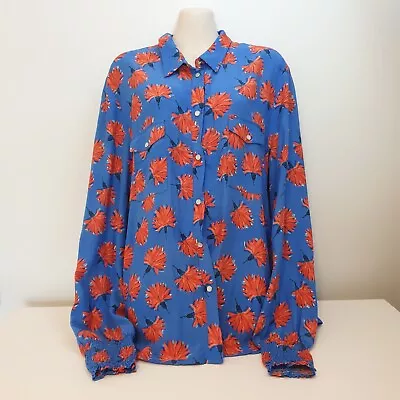 Pom Amsterdam Mila Flowers Marina Blue Blouse Viscose Size AU14 EUR 42 • $29.99