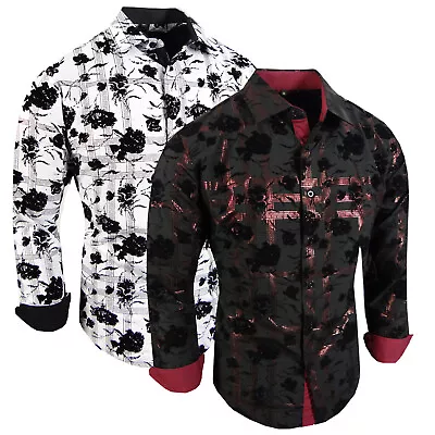 Floral Shirt Velvet Designer Stripe Sheen Italian Men Stretch Slim Fit Button Up • $29.95