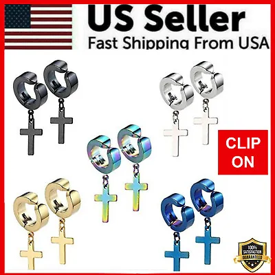 Earrings Non-Piercing Stainless Steel Cross Clip On Men Women Dangle Hoop NEW • $1.99